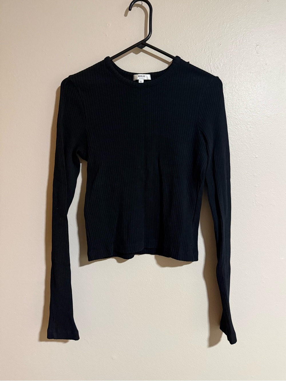 Agolde Black Ribbed Long Sleeve Crewneck Top Size XL